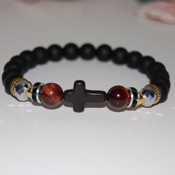 Cross Bracelet,Onyx Bracelet,Cross Onyx Stone Beads Bracelet,Onyx & Colorful Bea - Picture 2 of 3